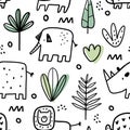 Vector seamless hand drawn doodle pattern with safari animals and tropical plants. Vector texture in childish style Royalty Free Stock Photo