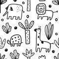 Vector seamless hand drawn doodle pattern with safari animals and tropical plants. Vector texture in childish style Royalty Free Stock Photo