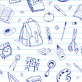 Vector seamless hand drawn pattern. Back to school doodles on ruled paper. Royalty Free Stock Photo