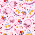 Vector seamless hand drawn pattern with heart shaped box of chocolates, clink glasses, bouquet of flowers. Valentine\'s day Royalty Free Stock Photo