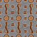 Vector seamless hand drawn pattern including ethnic Australian aboriginal shield motive with typical elements on dotted background