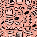 Vector seamless hand-drawn pattern with ovals, swirls, stripes, rectangular shape, crown, lips, zigzag, play button