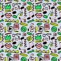 Vector seamless hand-drawn pattern with ovals, swirls, stripes, rectangular shape, crown, lips, zigzag, play button