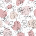 Vector seamless hand drawn pattern, single continuous line flowers with pastel color spots. Art floral elements. Use for Royalty Free Stock Photo