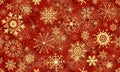 Vector seamless hand drawn red winter pattern with vintage shine golden snowflakes