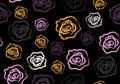 Vector Seamless Hand Drawn Roses with Glitter Gold Effect, Pink Color on a Dark Background.