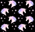 Vector seamless holographic pastel unicorn horse head pattern on black background