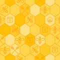Vector seamless honey pattern. Outline bees, honeycombs, honey dipper symbol.