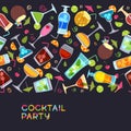 Vector seamless horizontal background with cocktails, juice, wine glasses. Hand drawn illustration.