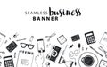 Vector seamless horizontal banner, business, freelance doodle background, set of isolated objects. Office tools, hand Royalty Free Stock Photo