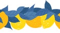 Vector seamless horizontal border with lemons and blue foliages. Summer frieze with citruses and leaves isolated from the