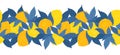 Vector seamless horizontal border with yellow lemons and blue foliage. Contrast colors frieze with citruses and leaves Royalty Free Stock Photo