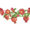 Vector seamless horizontal decorative line with blooming pomegranate branches