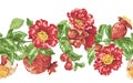 Vector seamless horizontal decorative line with blooming pomegranate branches