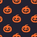 Vector seamless horror pattern for Helloween. Spooky smiling pumpkin. Orange silhouette on black background