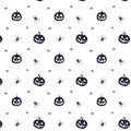 Vector seamless horror pattern for Helloween. Spooky smiling pumpkin with spiders around. Black silhouette on white background Royalty Free Stock Photo