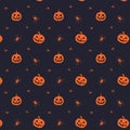 Vector seamless horror pattern for Helloween. Spooky smiling pumpkin with spiders around. Orange silhouette on black background Royalty Free Stock Photo