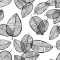 Vector seamless leaves pattern. Black white background made with watercolor, ink and marker. Trendy scandinavian design