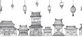 Vector seamless line panorama of asian old town