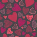 Vector seamless love pattern with hand drawn sketch hearts. Red on dark background, use as fabric, Royalty Free Stock Photo