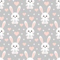 Vector seamless lovely romantic pattern with cute rabbits, hearts, stars on grey background
