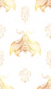 Vector seamless luxury pattern with drawing night butterfly with boho decoration and celestial amulets. Mystical texture