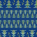 Vector seamless magical design with decorative triangular fir trees on blue.