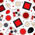 Seamless pattern with red eye shadow and blush. Makeup background in flat design for design textile