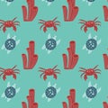 Vector seamless marine pattern with crab, turtle, seaweed. Ocean life and sea creatures or animals. Nautical background.