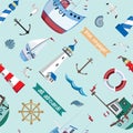 Vector seamless marine pattern with lighthouses, ships, gulls, anchor, shells on blue background.