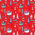 Vector seamless marine pattern with lighthouses, ships, gulls, anchor, shells on red background.