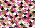 Vector seamless mermaid pattern with black, pink, gold and glitter scales. Colorful geometric abstract background Royalty Free Stock Photo