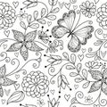 Vector seamless monochrome floral valentines pattern with hearts and dotty butterflies