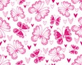 Vector seamless monochrome valentines pink pattern with pink hearts and dotty butterflies in doodle style o