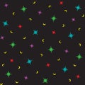 Vector seamless motley festive pattern with multicolor stars and moons on black background for wrap, paper and fabric