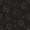 Vector seamless mysterious pattern with gold abstract hands, sun, moon and stars isolated on black background. Mystical