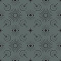 Vector seamless mystical pattern with magical sun, stars and shining moons. Linear esoteric boho background with outline crescents