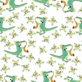 Vector seamless nursery pattern. Funny crocodiles, jazz musucians, frogs, tropical plants, flowers