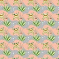 Vector seamless nursery pattern. Tropical plants, funny frogs