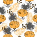 Vector seamless orange tropical pattern with leopard heads and palm leaves