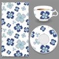 Vector seamless orient floral pattern with cup and plate. russia