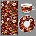 Vector seamless orient floral pattern with cup and plate. russia