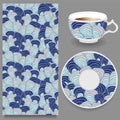 Vector seamless orient pattern with cup and plate. wave design