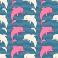 Vector seamless ornament with pink and cream dolphins