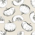 Vector seamless patern of pumpkin. Hand drawn engraved vintage illustration. Autumn harvest.