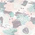 Vector seamless pattern with abstract design. Spots of paint and tropical monstera leaves and dypsis