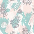 Vector seamless pattern with abstract design. Spots of paint and tropical monstera leaves and dypsis