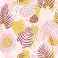 Vector seamless pattern with abstract design. Spots of paint and tropical monstera leaves and dypsis in pink