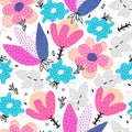 Vector seamless pattern. Abstract hand drawn flowers with different textures. Floral composition. Freehand style Royalty Free Stock Photo