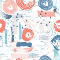 Vector seamless pattern with abstract shapes and scribbles. Creative textures. Stains of paint, ink. Artistic background Royalty Free Stock Photo